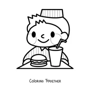 Coloring page of a burger shop employee with a hamburger and soda