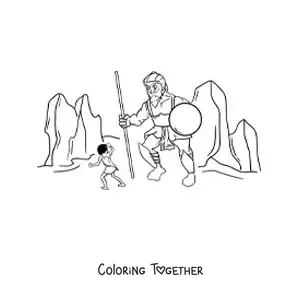 Coloring page of a man fighting a giant