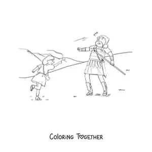 Coloring page of David defeating Goliath the giant