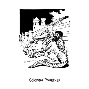 Coloring page of a giant sleeping next to a dragon