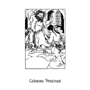 Coloring page of a man defeating a giant