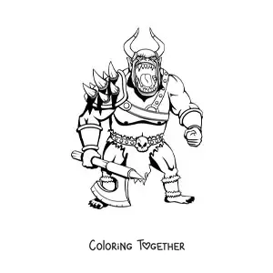 Coloring page of a monstrous giant warrior in armor