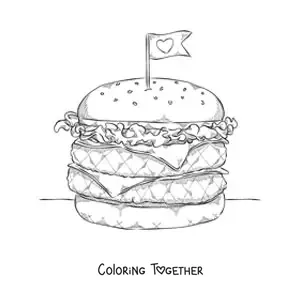 Coloring page of a double hamburger with a heart pennant