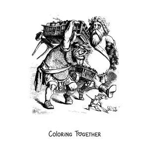 Coloring page of giants walking beside a man