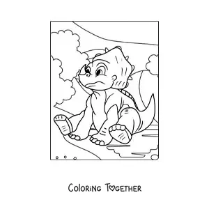 Coloring page of a sad baby triceratops sitting down