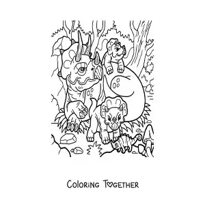 Coloring page of a mama triceratops with her babies in the jungle