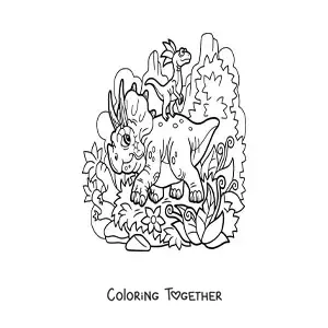 Coloring page of a triceratops with a friend in its habitat