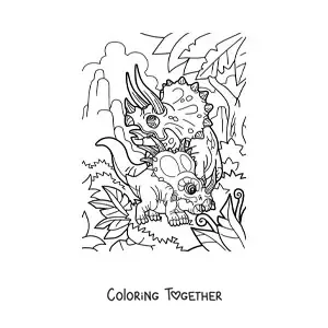 Coloring page of a triceratops with a baby ceratopsid