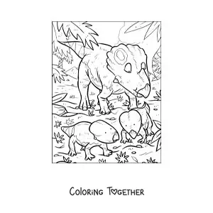 Coloring page of a triceratops-like ceratopsid with its babies