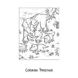 Coloring page of a triceratops with its babies in its natural habitat
