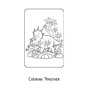 Coloring page of a cartoon triceratops in its habitat