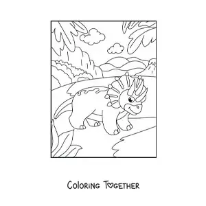 Coloring page of a triceratops in cartoon style in its habitat