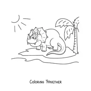 Coloring page of a cartoon triceratops smiling in its habitat