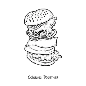 Coloring page of a deconstructed hamburger with lettuce, tomato, cheese and meat