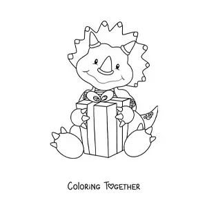 Coloring page of a sweet cartoon triceratops with a gift