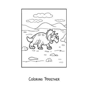 Coloring page of a cartoon triceratops walking in its habitat