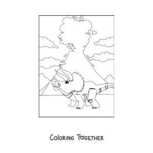 Coloring page of a triceratops in front of a volcano