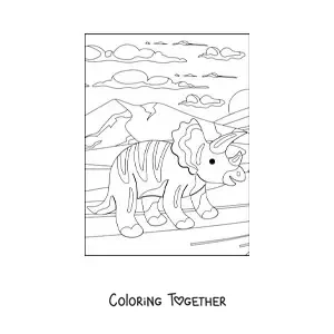 Coloring page of a sweet triceratops in its habitat