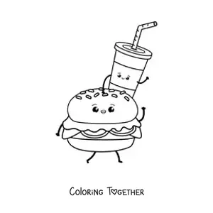 Coloring page of an animated hamburger walking with a soda on top