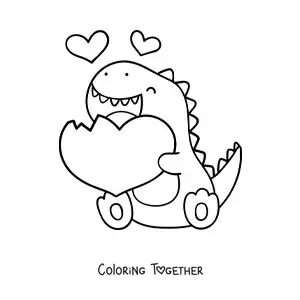 Coloring page of a kawaii tyrannosaurus rex with a heart