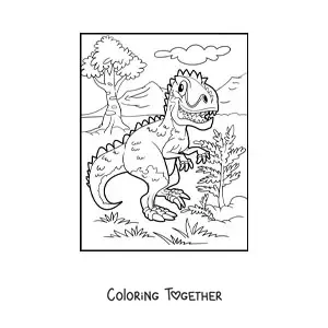 Coloring page of a big cartoon tyrannosaurus rex in its habitat