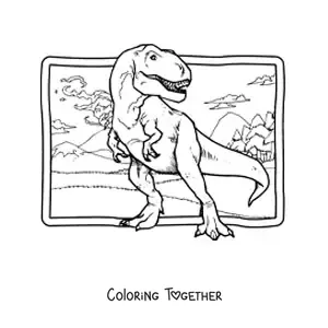 Coloring page of a realistic tyrannosaurus rex in its habitat