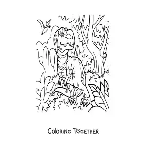 Coloring page of a cartoon tyrannosaurus rex in its habitat