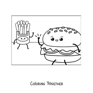 Coloring page of an animated hamburger waving at some fries