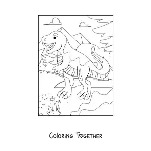 Coloring page of a big cartoon t rex in its habitat