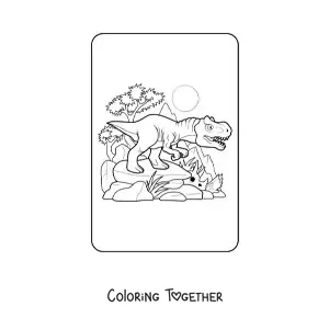 Coloring page of a cartoon tyrannosaurus rex in its habitat