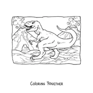 Coloring page of a realistic t rex in its habitat
