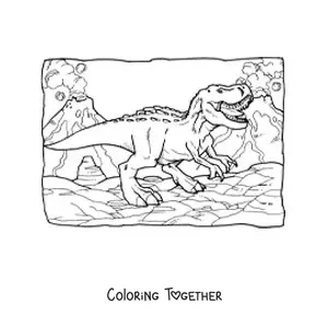 Coloring page of a realistic t rex roaring in its habitat
