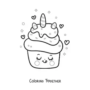 Coloring page of a kawaii unicorn cupcake with hearts