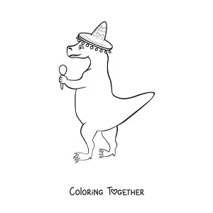 Coloring page of a cartoon tyrannosaurus rex with a Mexican hat