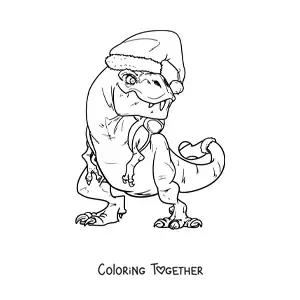 Coloring page of a tyrannosaurus rex with a Christmas hat