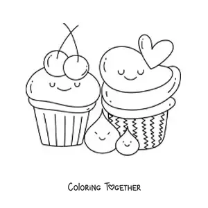 Coloring page of two kawaii cupcakes with cherries and a heart