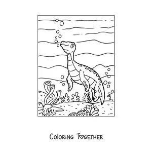 Coloring page of a cartoon baby hydrotherosaurus in its habitat