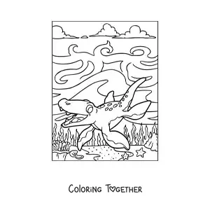 Coloring page of a cartoon baby aquatic dinosaur in its habitat