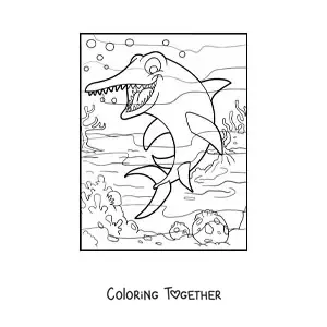 Coloring page of a cartoon aquatic dinosaur in its habitat