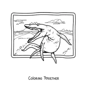 Coloring page of a realistic kronosaurus in its habitat