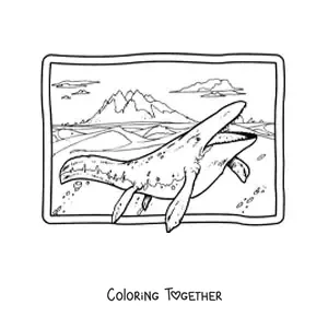 Coloring page of a realistic mosasaurus in its habitat