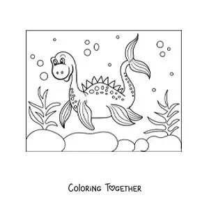 Coloring page of a cartoon sea dinosaur in the ocean