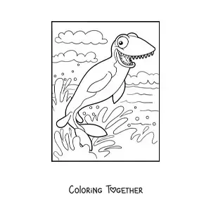 Coloring page of a cartoon sea dinosaur swimming