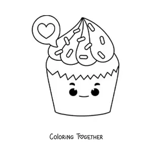 Coloring page of a kawaii cupcake with a heart