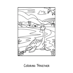 Coloring page of a cartoon long-necked aquatic dinosaur in its habitat