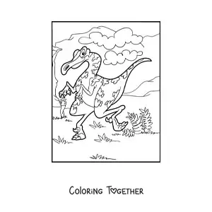 Coloring page of a bipedal land dinosaur in its habitat
