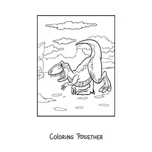 Coloring page of a funny cartoon land dinosaur in its habitat