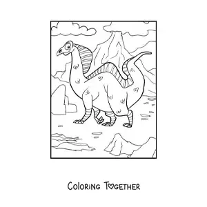 Coloring page of a big land dinosaur in front of a volcano