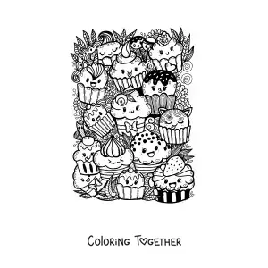 Coloring page of kawaii cupcakes with leaves and flowers