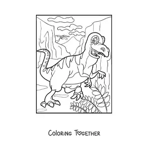Coloring page of a cartoon land dinosaur in a canyon